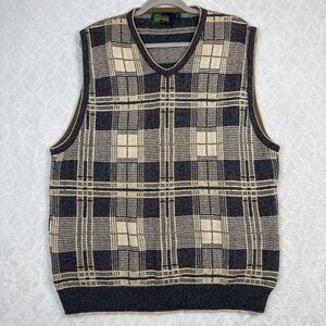 Vtg Fairway Sport Sweater Vest Mens XXL Tan Gray Plaid Knit Grandpa Golf Preppy